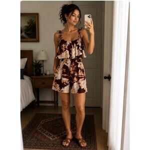 Maaji Brown Orange Floral Trapeze Cover Up Romper Sz S NWT Tassle Tie Straps